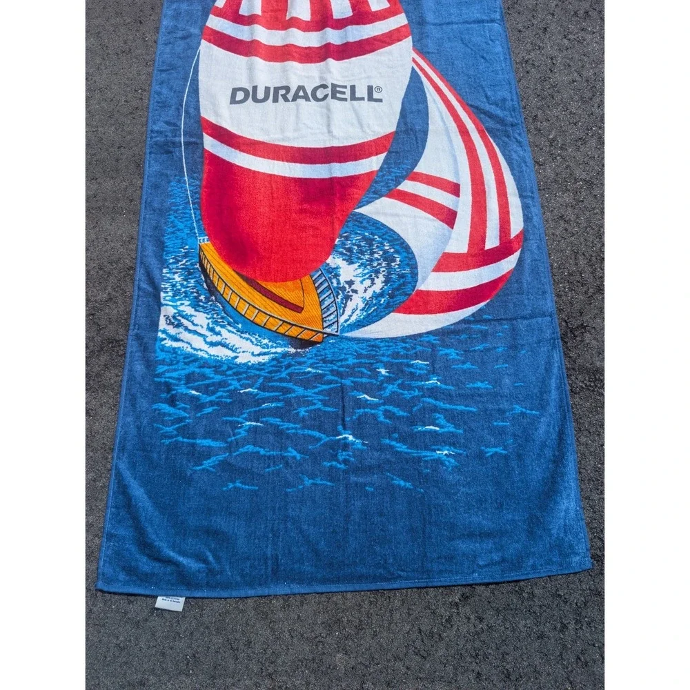 Vintage Duracell Battery Beach Bath Towel Sailboat Red White Blue 5'x28